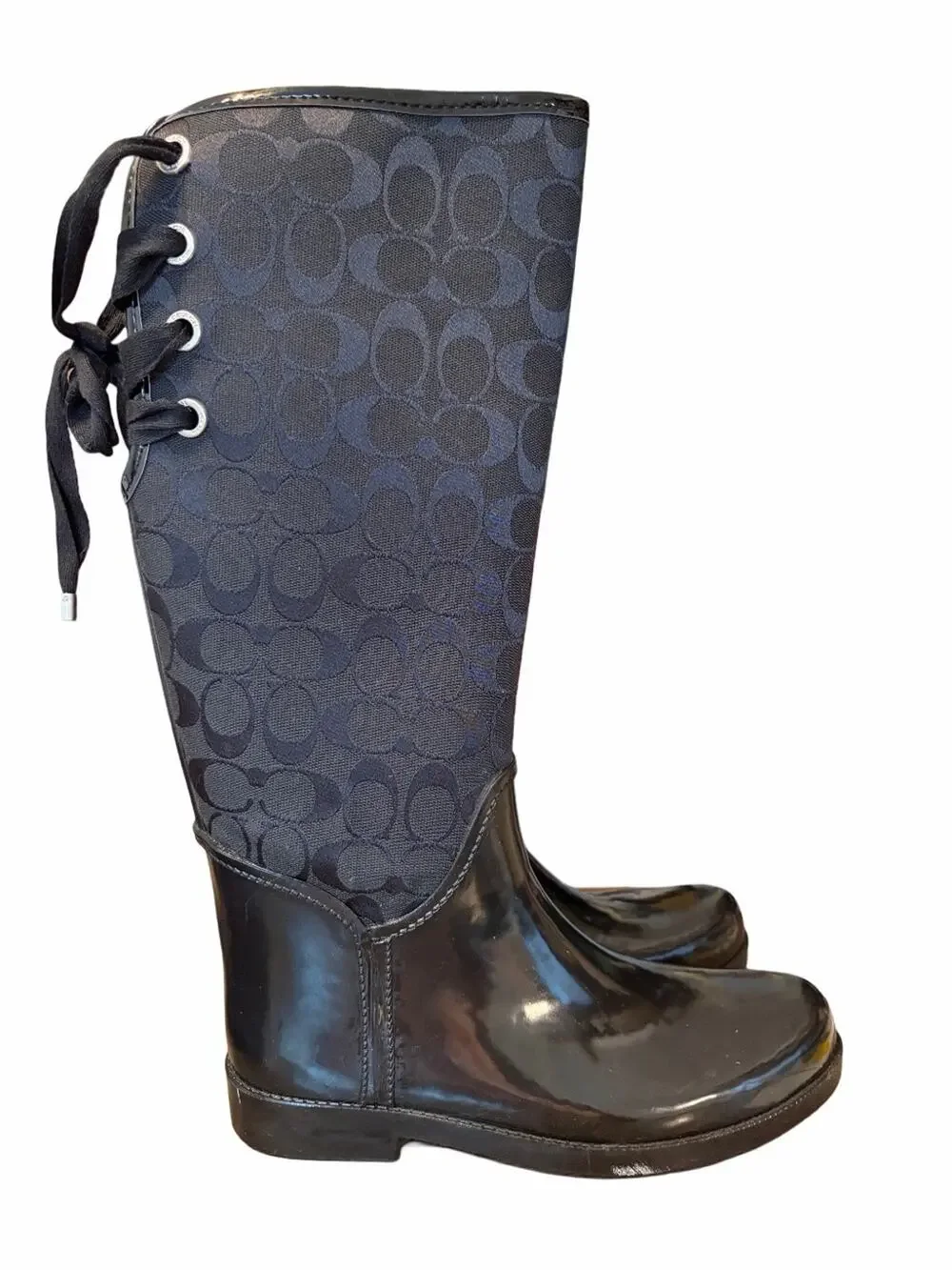 Coach Tristee Black Signature Rubber Rain Boots Back Lace Up size 10 Lined